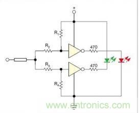在雙門(mén)構(gòu)成的CMOS/TTL兼容探頭中，R1至R4電阻網(wǎng)絡(luò)對(duì)反相器輸入端做偏置