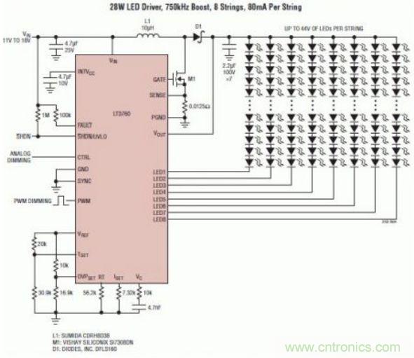 采用 LT3760、效率為 90% 的 28W LED 背光照明電路
