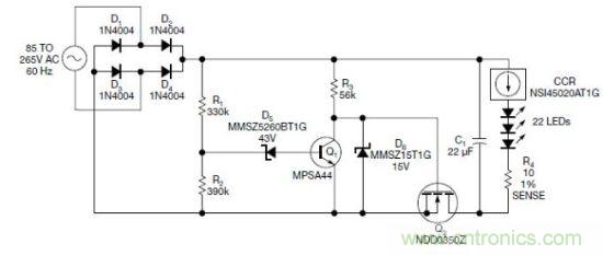 圖1：電路以恒流驅(qū)動一串LED，可用于全世界的各種交流電壓