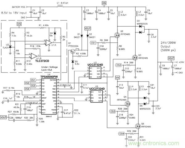 TPS40090 多相降壓控制器的 4 相、300W 升壓電源