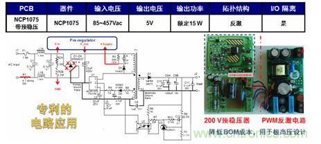 基于NCP1075開(kāi)關(guān)穩(wěn)壓器和200 V預(yù)穩(wěn)壓器的極寬電壓范圍15 W參考設(shè)計(jì)。