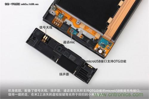 信號(hào)天線、揚(yáng)聲器、麥克風(fēng)以及支持OTG功能的Micro USB接口均位于底部