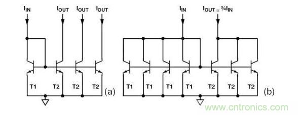 （a） 多級電流鏡 （b） 非整數(shù)比例電流鏡可將3個T2集電極結(jié)合起來，得到3IIN