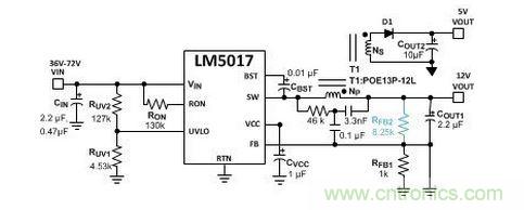 基于 LM5017 的 Fly-Buck 轉換器電路，沒有基于光耦合器的穩(wěn)壓電路