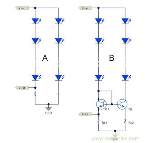電流鏡 (B) 可針對簡單電阻器電流調(diào)節(jié) (A) 提供各種優(yōu)勢。