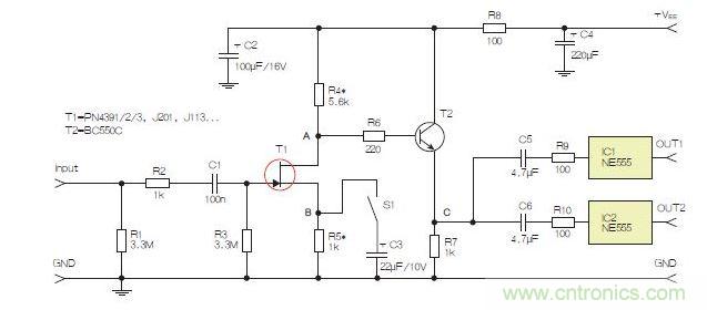 所示電路采用兩個(gè)工作在不同頻率下的555定時(shí)器，以獲取不同的音