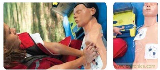 胸部按壓CPR(左圖)迫使血液循環(huán)，為大腦及其它生命器官供血，直到AED重啟心臟(右圖)。