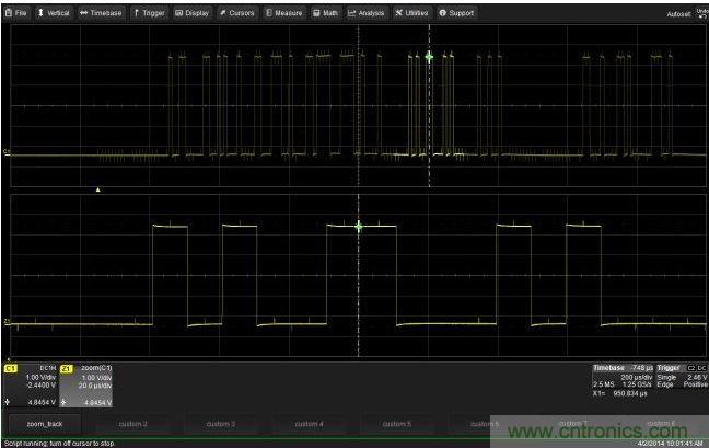 使用CustomDSO運(yùn)行VB腳本“zoom_Track.lss”。當(dāng)腳本運(yùn)行時(shí)，縮放波形的中心將跟蹤水平的光標(biāo)絕對(duì)位置。從圖中可以看出，光標(biāo)將永遠(yuǎn)位于縮放波形Z1的中心