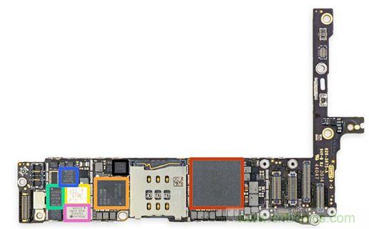 iPhone 6 Plus主板采用1GB RAM的蘋果A8 SoC作為核心部件。（來源：iFixit）