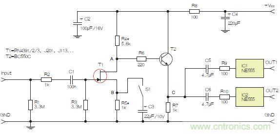 圖3：采用兩個(gè)工作在不同頻率下的555定時(shí)器電路，以獲取不同的音效。