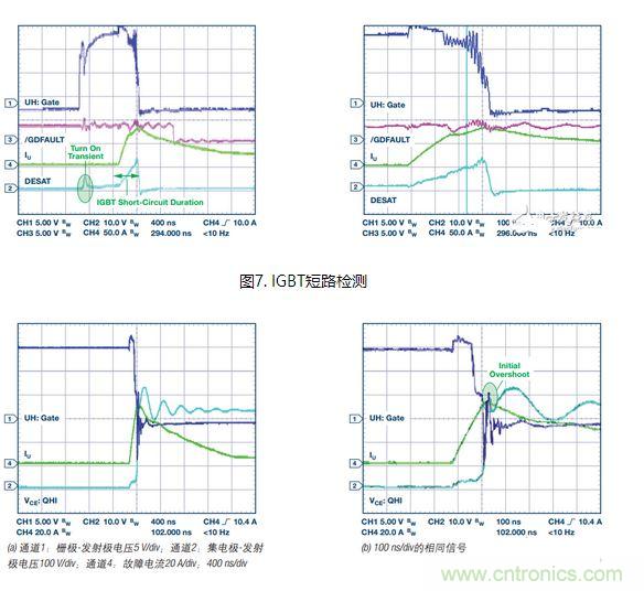 過流關斷時序延遲（通道1：柵極-發(fā)射極電壓10 V/div；通道2：來自 控制器的PWM信號5 V/div；通道3：低電平有效跳變信號5 V/div；100 ns/div）