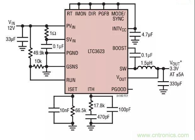 高效率、15V 軌至軌輸出同步降壓型穩(wěn)壓器能提供或吸收 5A